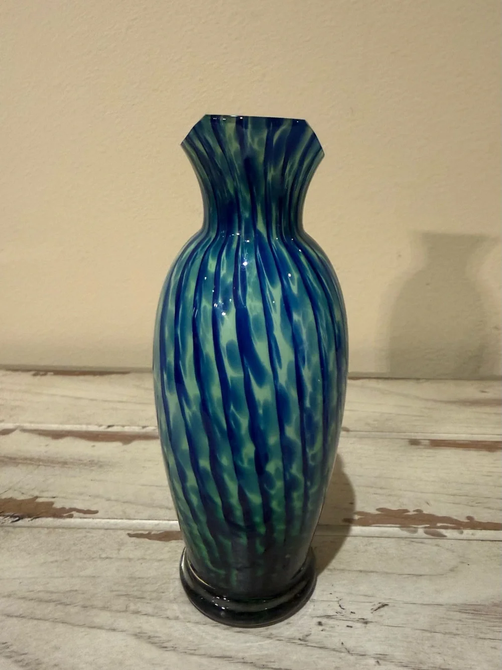 Vintage Blue & Green Art Glass Vase Slanted Rim Swirl Ribbed Decor 6.5